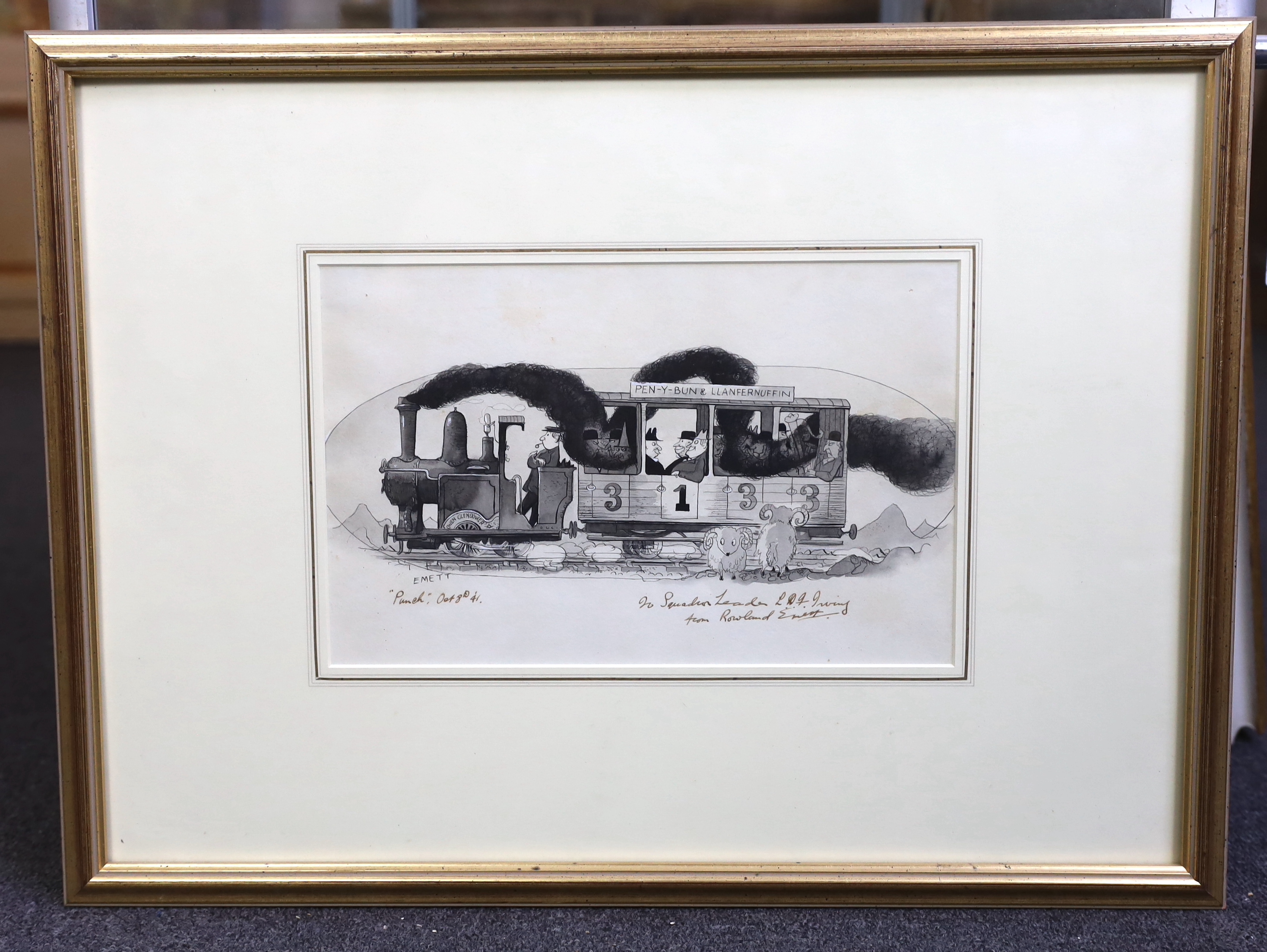 Frederick Rowland Emett (English, 1906-1990), 'The Pen-Y-Bun & Llanfernuffin train', pen and ink with bodycolour, 20 x 31.5cm